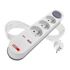 Predlžovací kábel 2 m / 3 zásuvky / s vypínačom / biely / 1×USB-A + 1×USB-C / 1,5 mm2