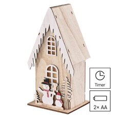 LED dekorativní dřevěný domeček se sněhuláky, 28,5 cm, 2x AA, vnitřní, teplá bílá, časovač