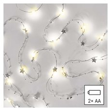 LED vianočná reťaz strieborný – hviezdičky, 1,9 m, 2x AA, vnútorný, teplá biela, časovač