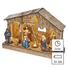 LED dřevěný vánoční betlém, 19 cm, 3x AA, vnitřní, teplá bílá, časovač