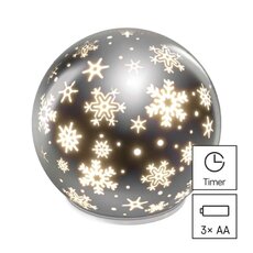 LED vianočná sklenená guľa – vločky, 12 cm, 3x AA, vnútorný, teplá biela, časovač